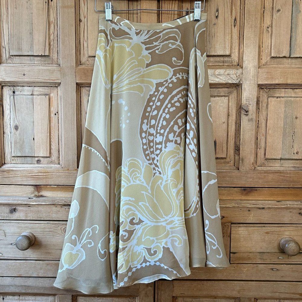 Linda Allard Ellen Tracy Womens Size 0 Petite Midi Silk Skirt Tan Yellow Y2K‎